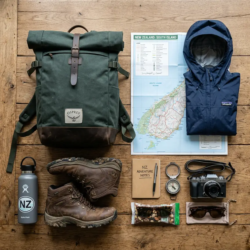 Travel packing flat lay