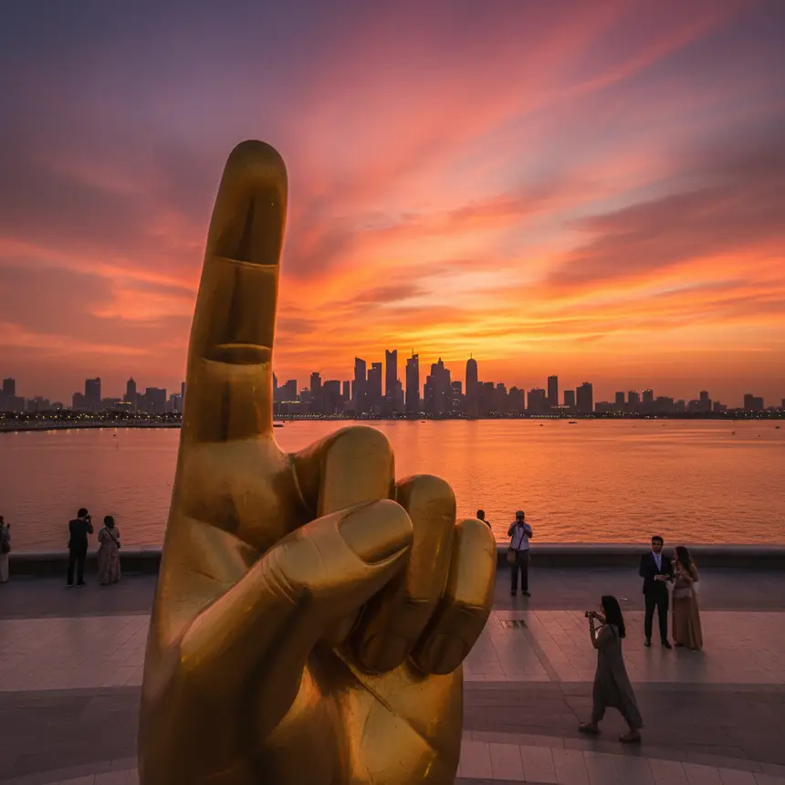 Golden Finger sculpture, Doha sunset