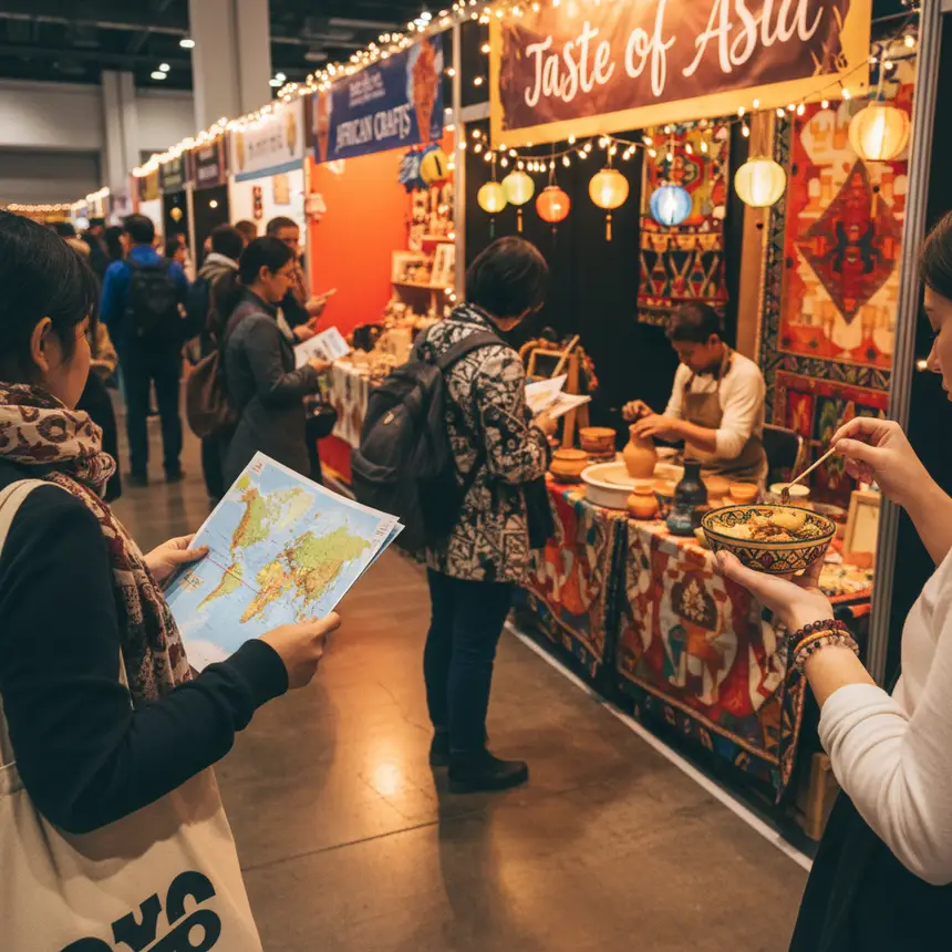 Visitors interacting at travel booths
