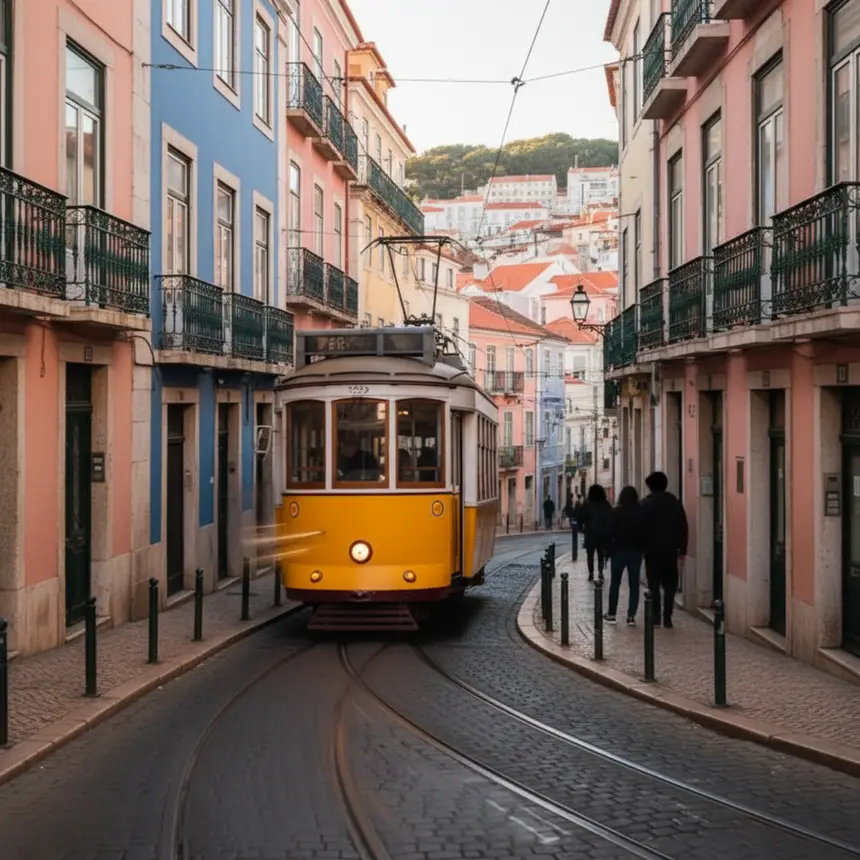 Lisbon yellow tram street