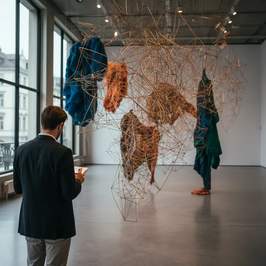 Visitor inside a Zurich gallery viewing art