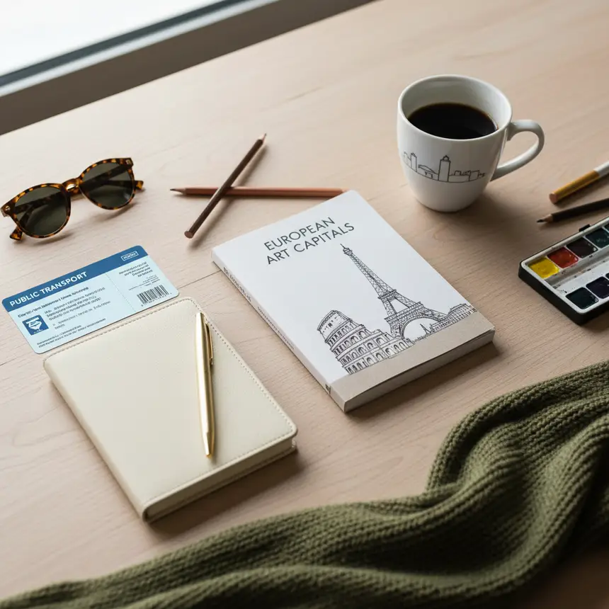 Zurich art trip essentials flat lay