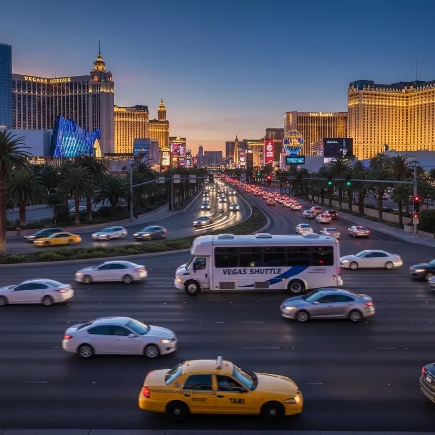 Dynamic street view with various vehicles near Las Vegas Strip