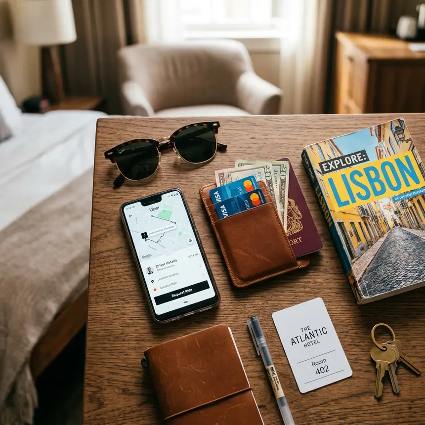 Travel planning essentials with phone, wallet, and map