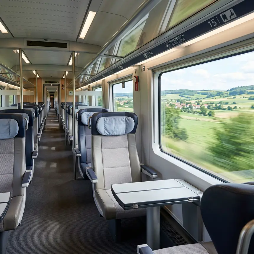 Train interior, European scenery