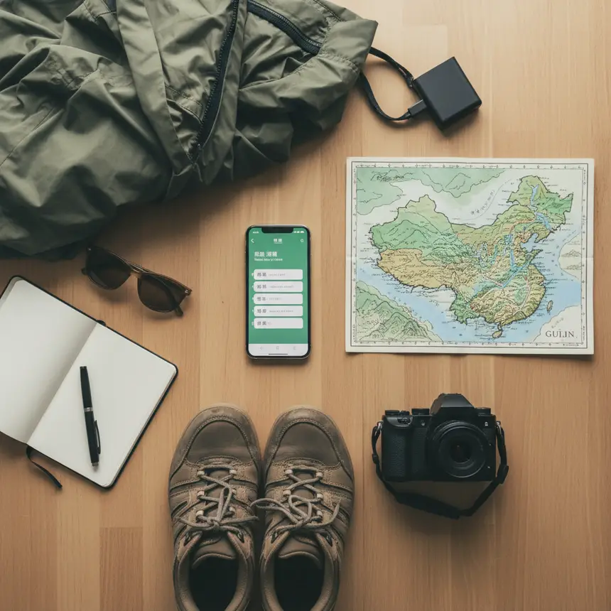 Guilin travel essentials flat lay