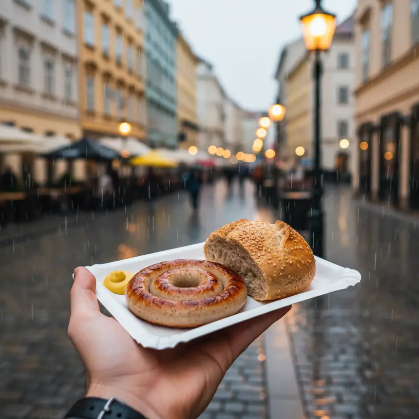 Eating sausage in Vienna rain