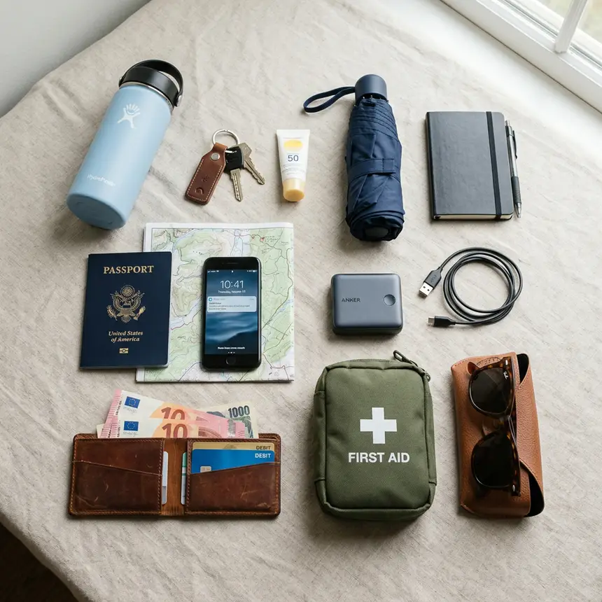 Flat lay of essential travel items for a trip