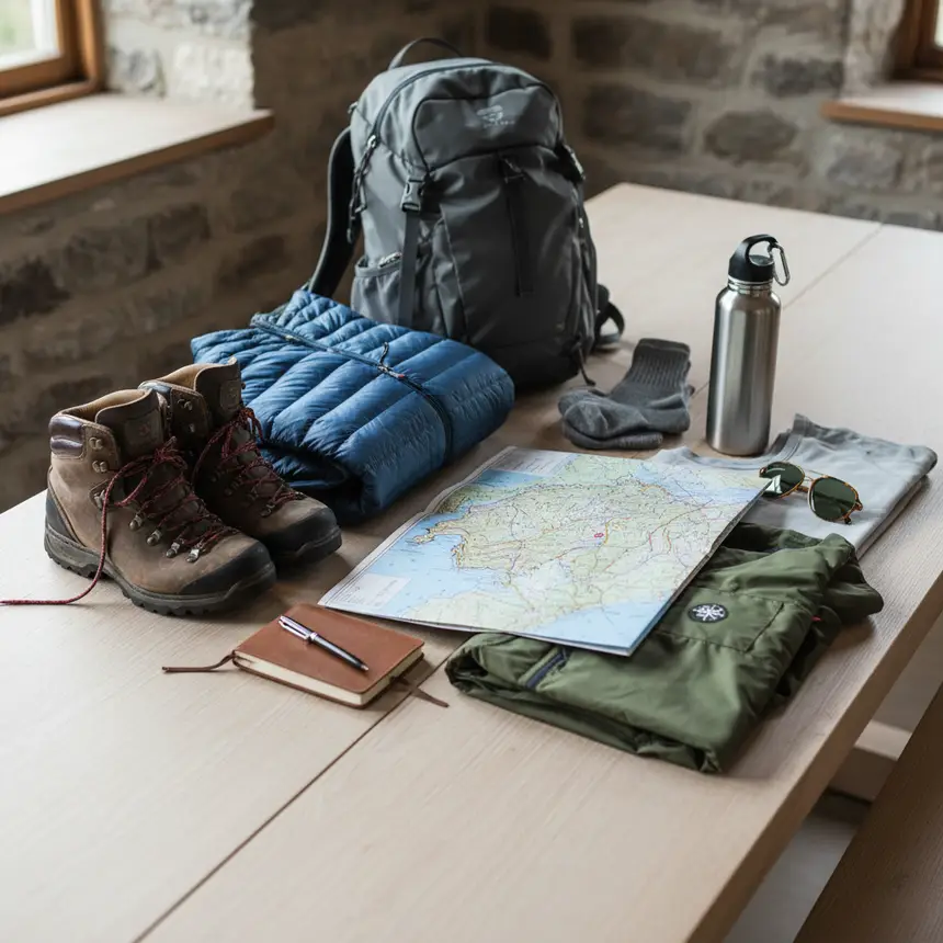 Swiss travel essentials, hiking boots map