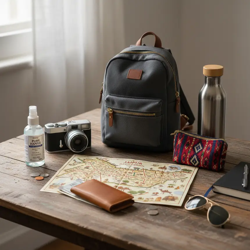 Indian travel essentials flat lay
