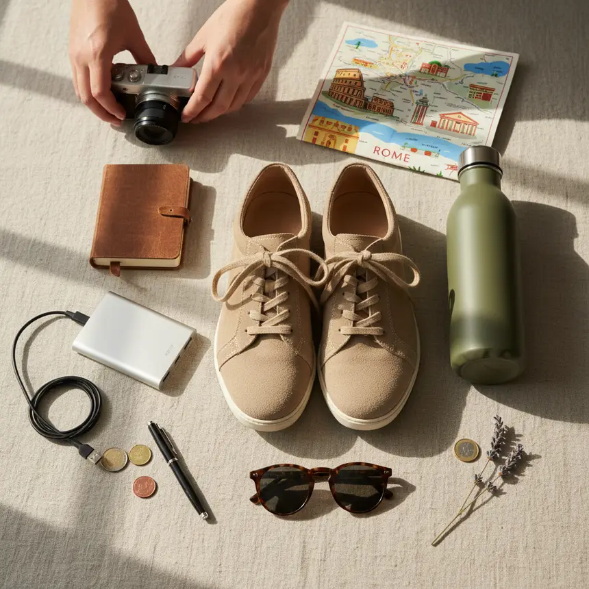 Rome travel essentials flat lay