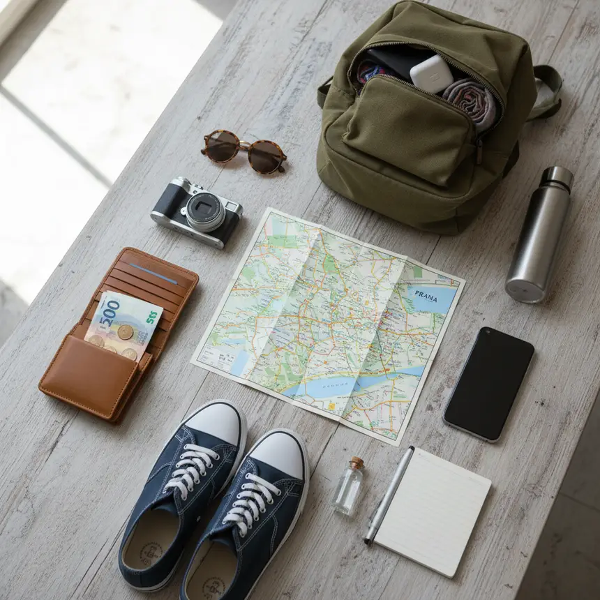 Prague travel essentials flat lay
