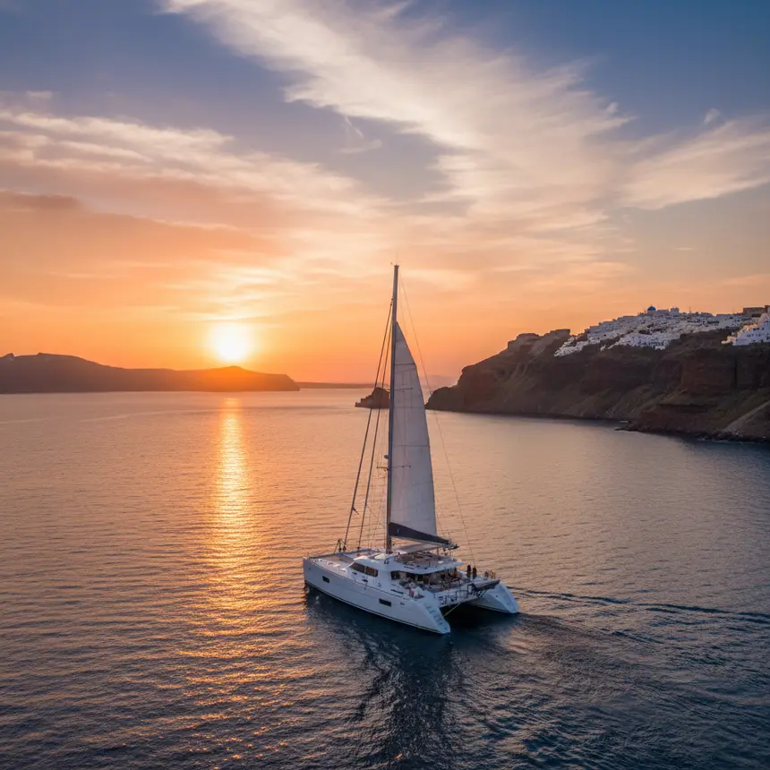Santorini yacht at sunset