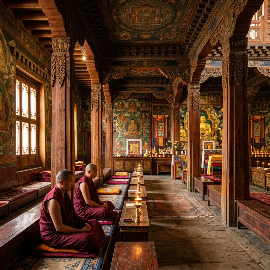 Inside Bhutanese monastery, Buddhist art, carved pillars, prayer hall