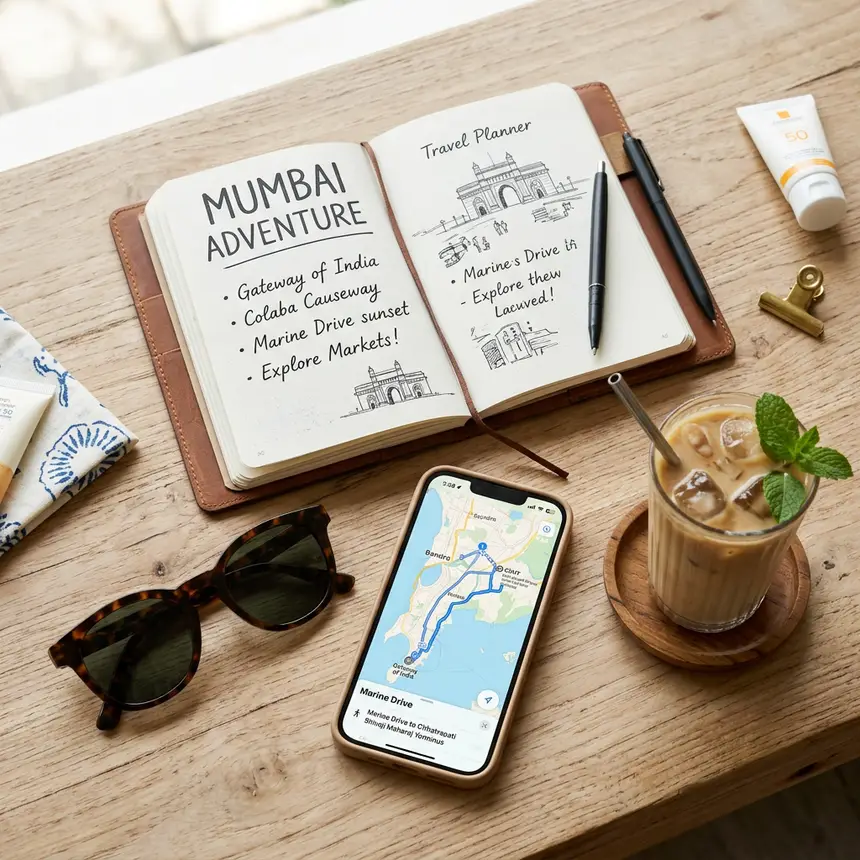 Mumbai travel planning flat lay