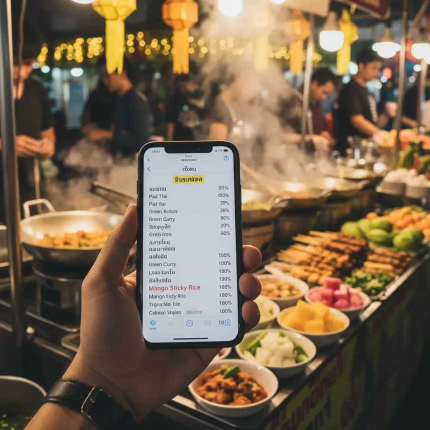 Thai night market food, smartphone translation app, local culture experience