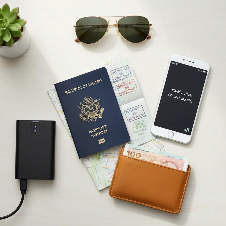 International travel essentials, eSIM activated screen, passport, power bank