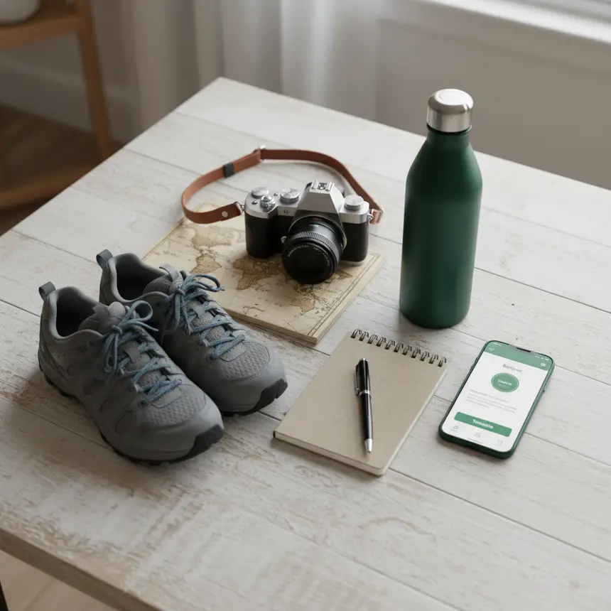 Travel essentials flat lay