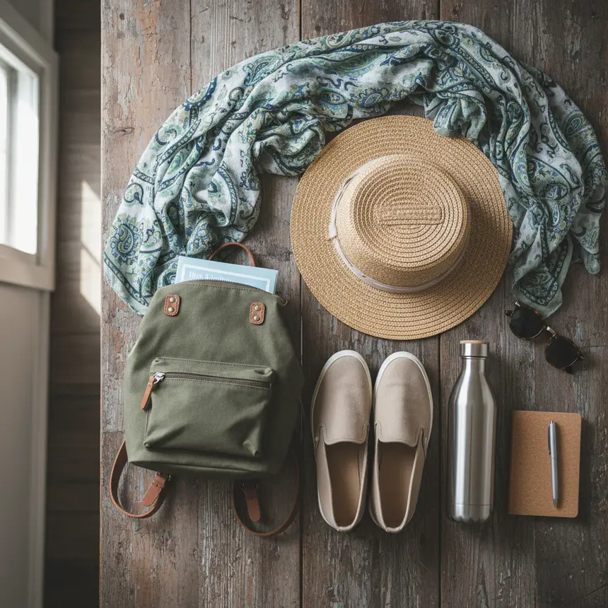 Travel essentials, temple visit preparation, flat lay