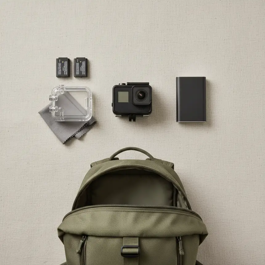 Action camera travel gear, packing list
