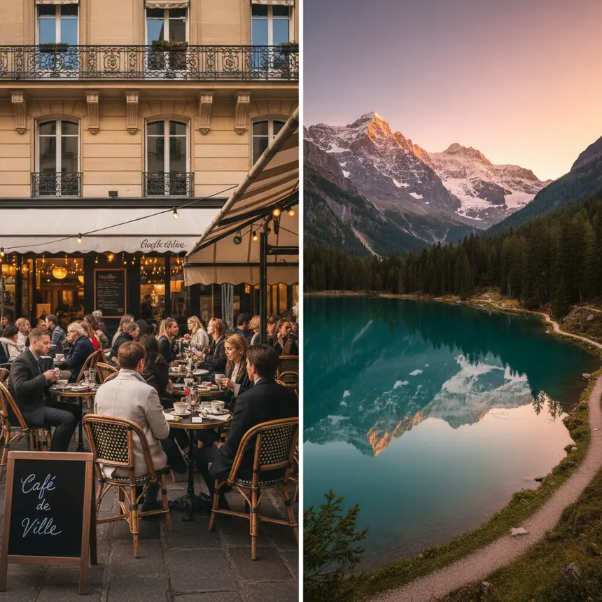 Parisian cafe, Swiss mountains, lake scenery