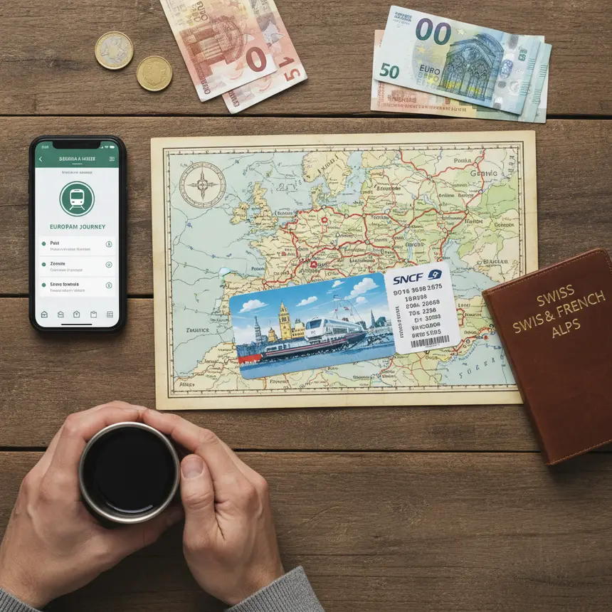 European train ticket, travel map, smartphone, travel guide