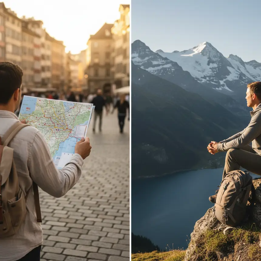 Traveler in European square, Swiss Alps view