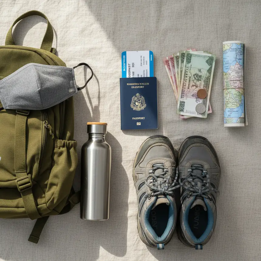 Kathmandu travel essentials flat lay