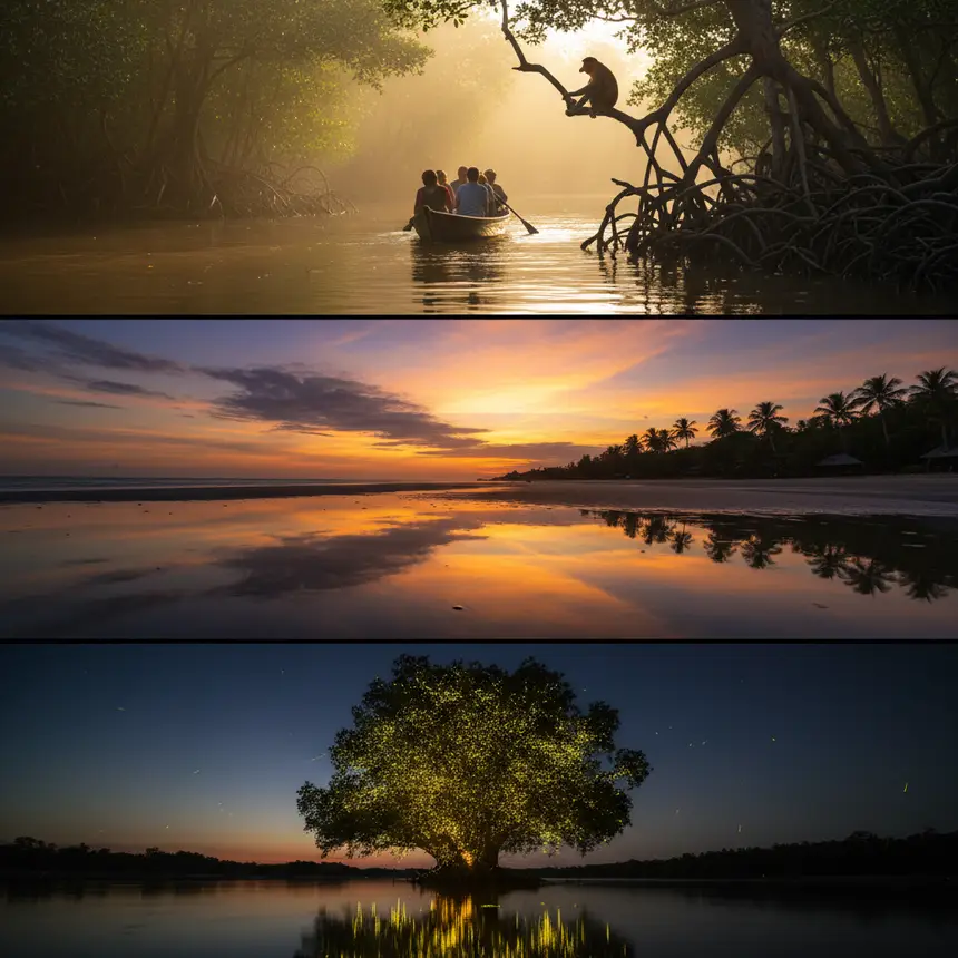 Mangrove forest, fireflies, sunset