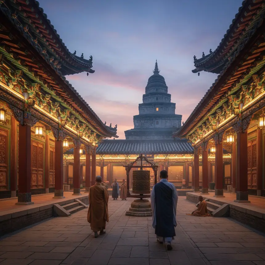 Buddhist temple interior glow