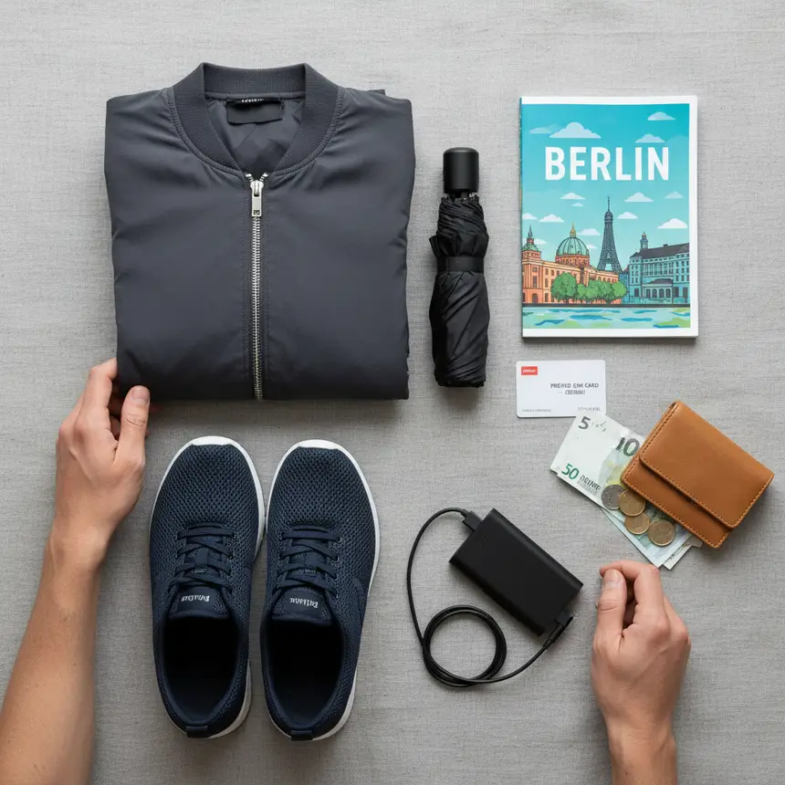 Berlin travel essentials flat lay