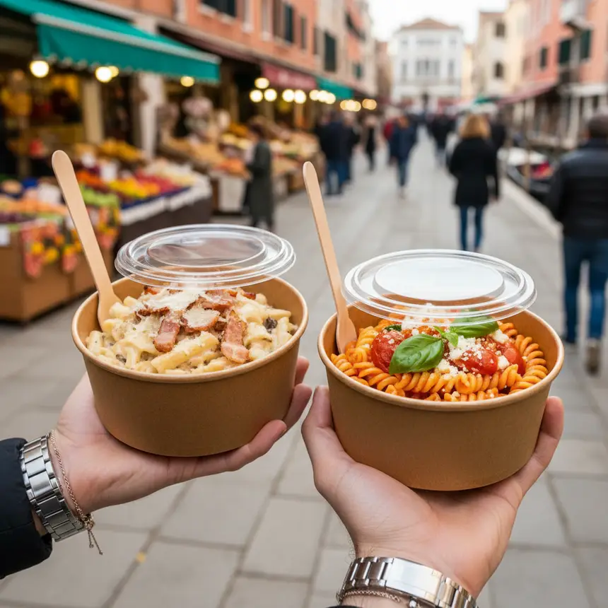 Close-up of takeaway pasta food