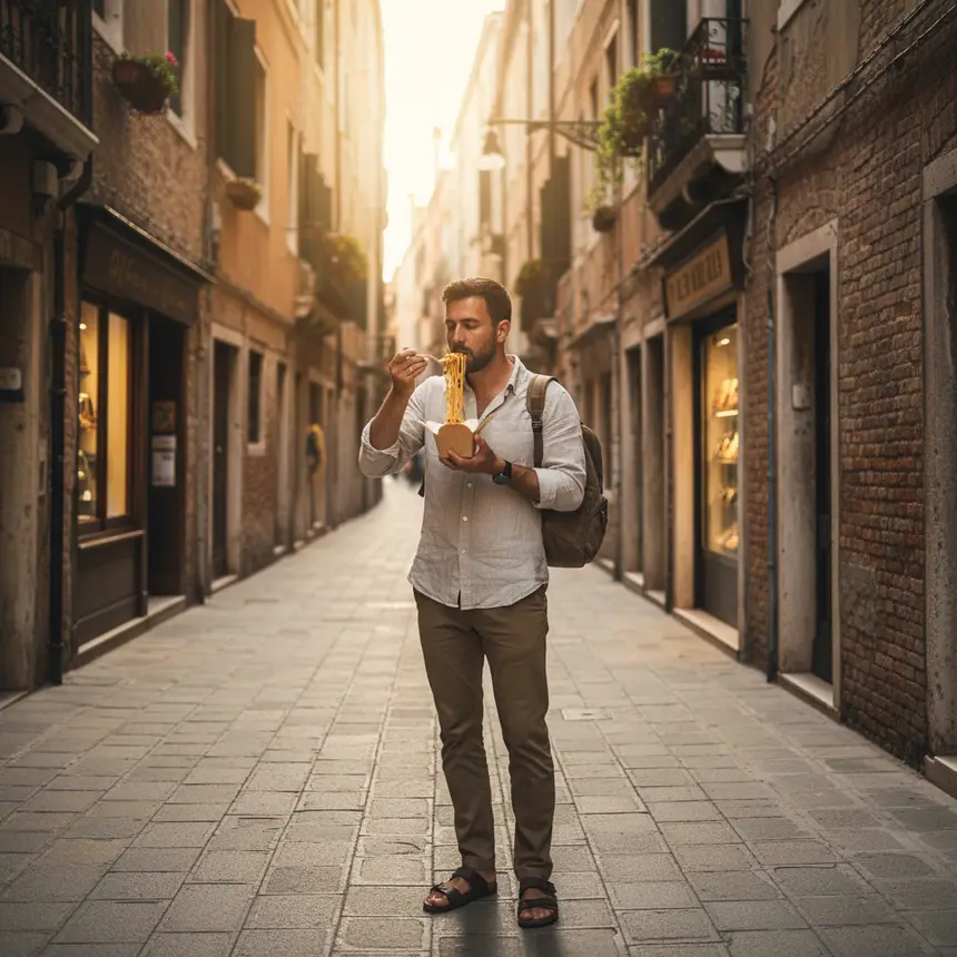 Traveler eating pasta in Venice alley