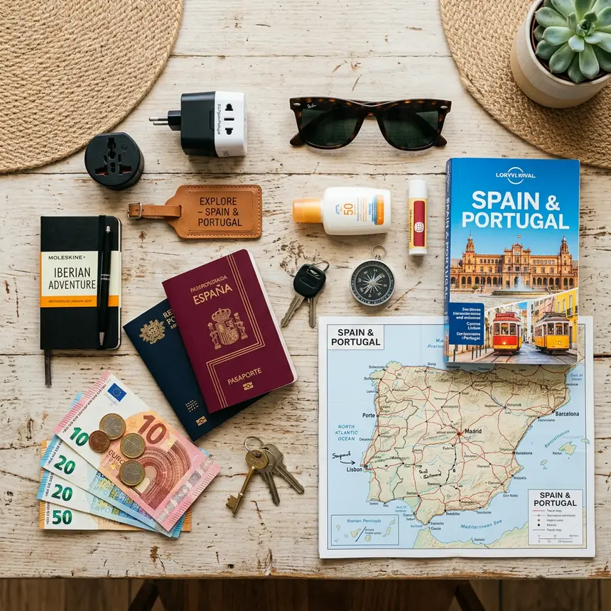 Travel essentials flat lay