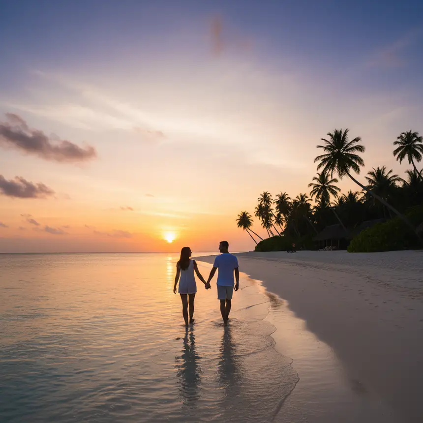 Romantic Maldives beach sunset stroll