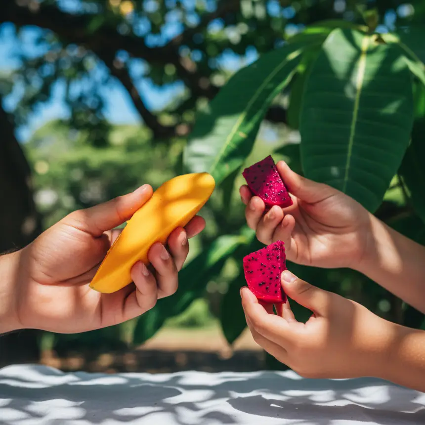 Hands holding tropical fruit
