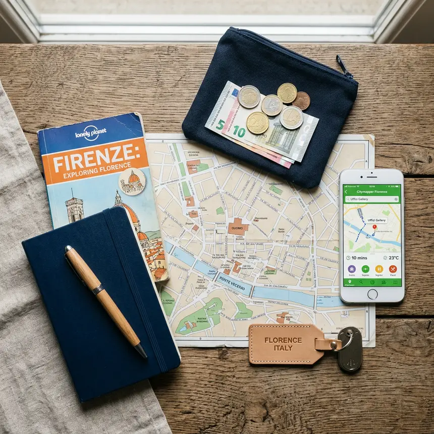 Florence travel preparation flat lay
