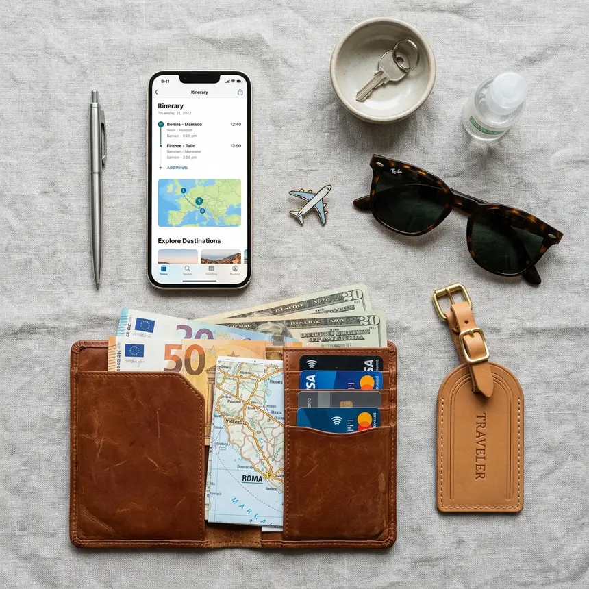 Travel planning essentials flat lay