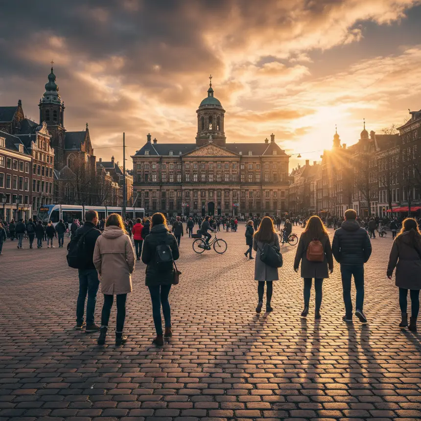 Dam Square panorama, Royal Palace Amsterdam, historic buildings