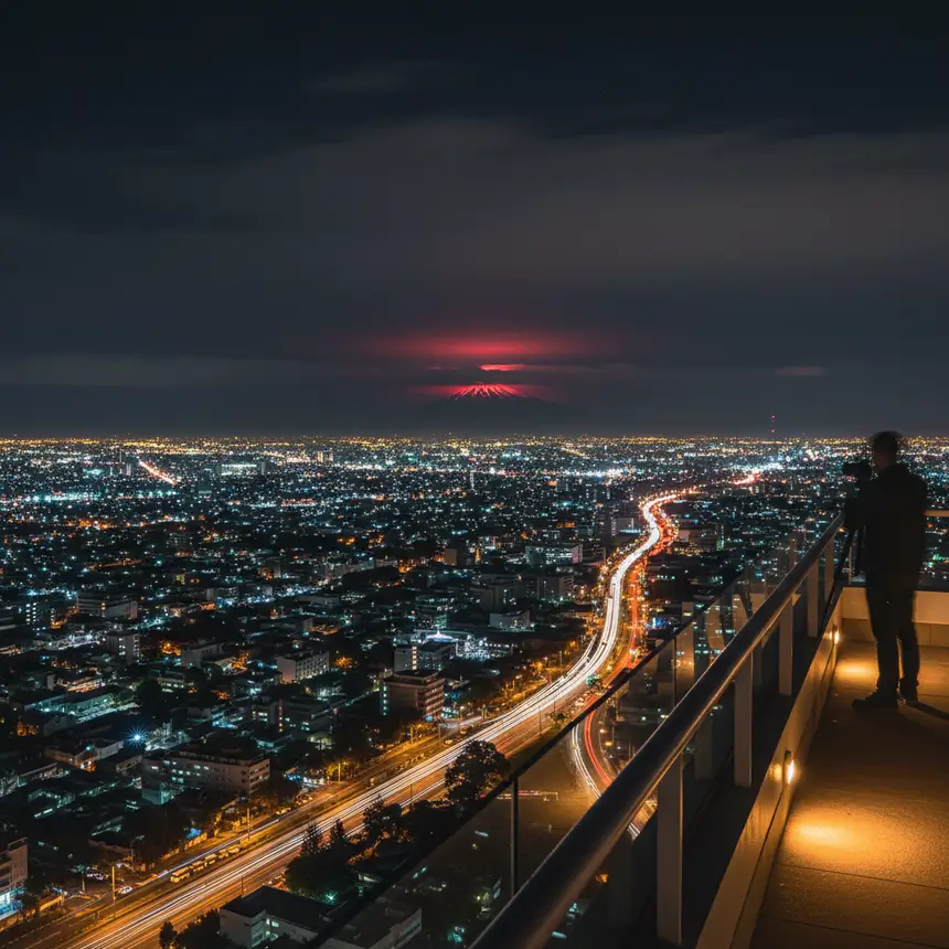 Mount Merapi volcano night view with city lights