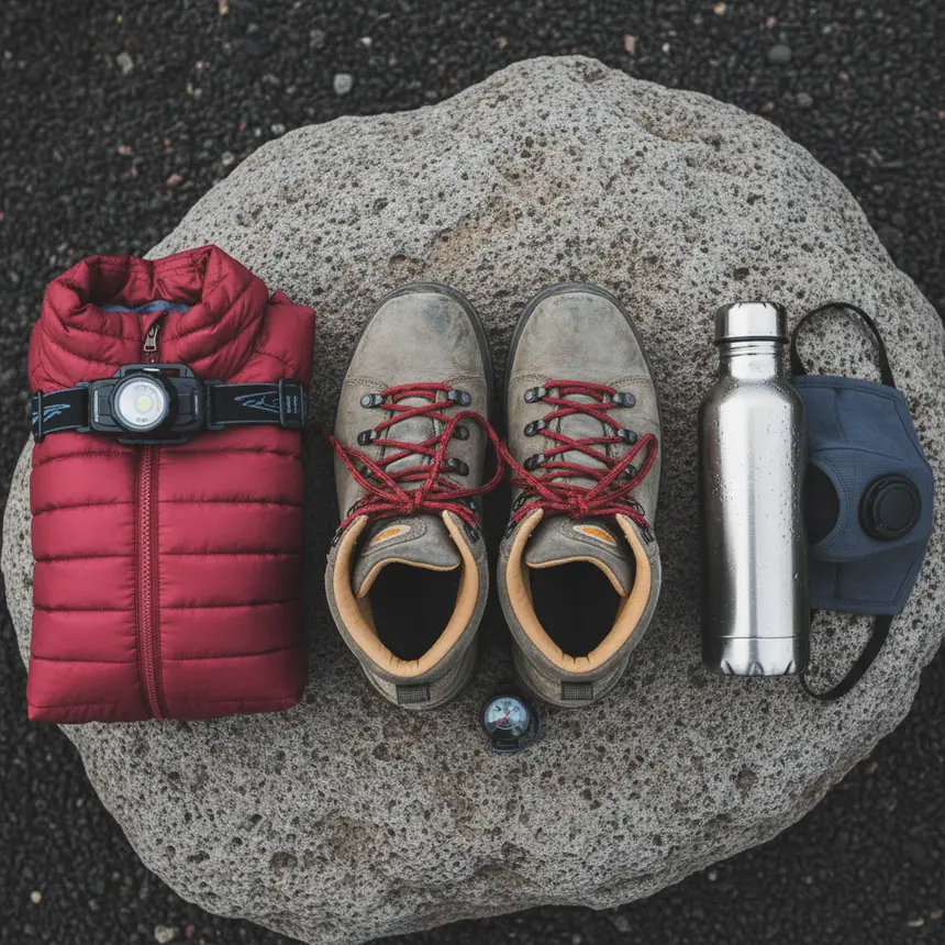 Volcano trekking essential gear flat lay