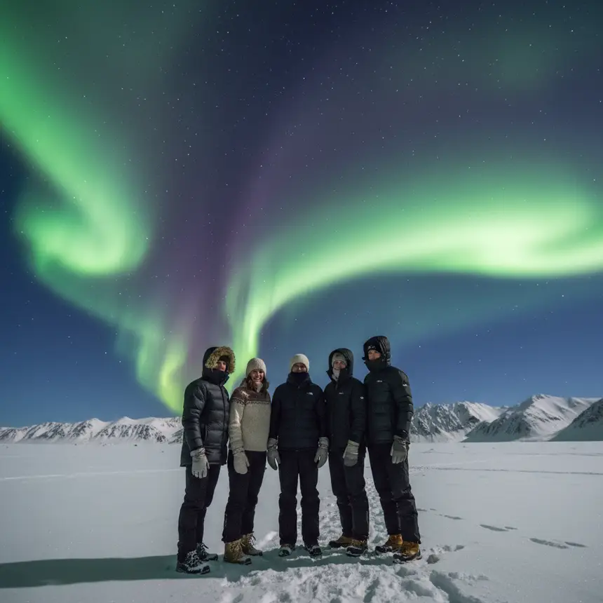 People viewing aurora borealis in snow