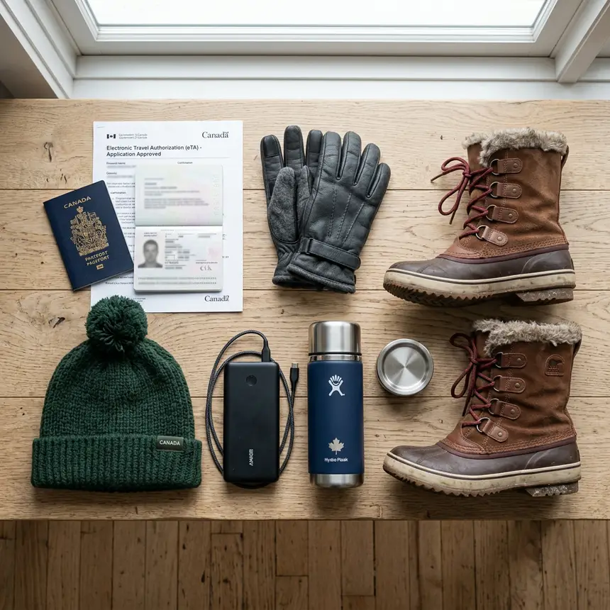 Flat lay of Canadian winter travel essentials