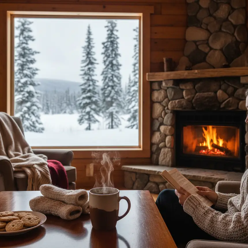 Cozy winter cabin scene in Canada