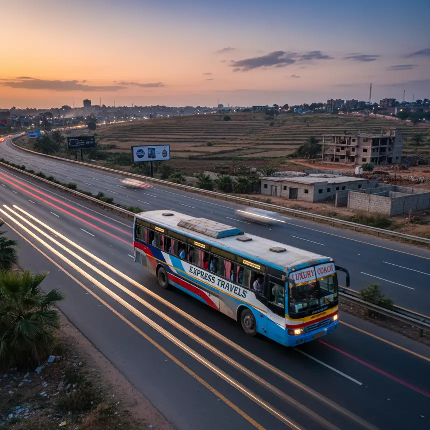 Long-distance bus on a Bangladeshi highway