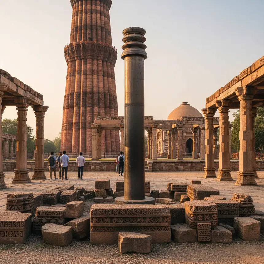 Qutub Minar Iron Pillar, Indian ruins landscape, New Delhi travel tips