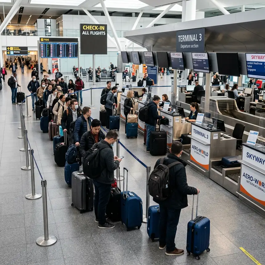 Busy airport check-in counter