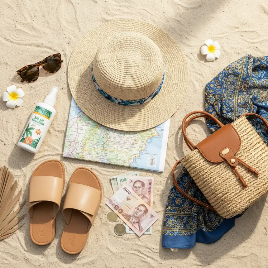 Thai travel essentials flat lay