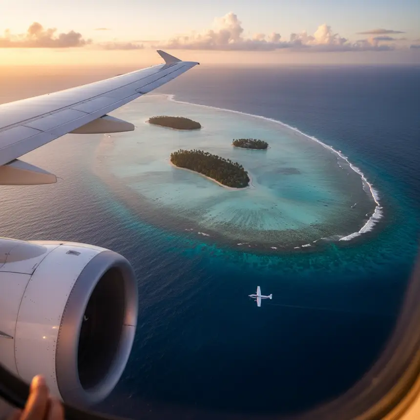 Maldives airplane landing, emerald sea