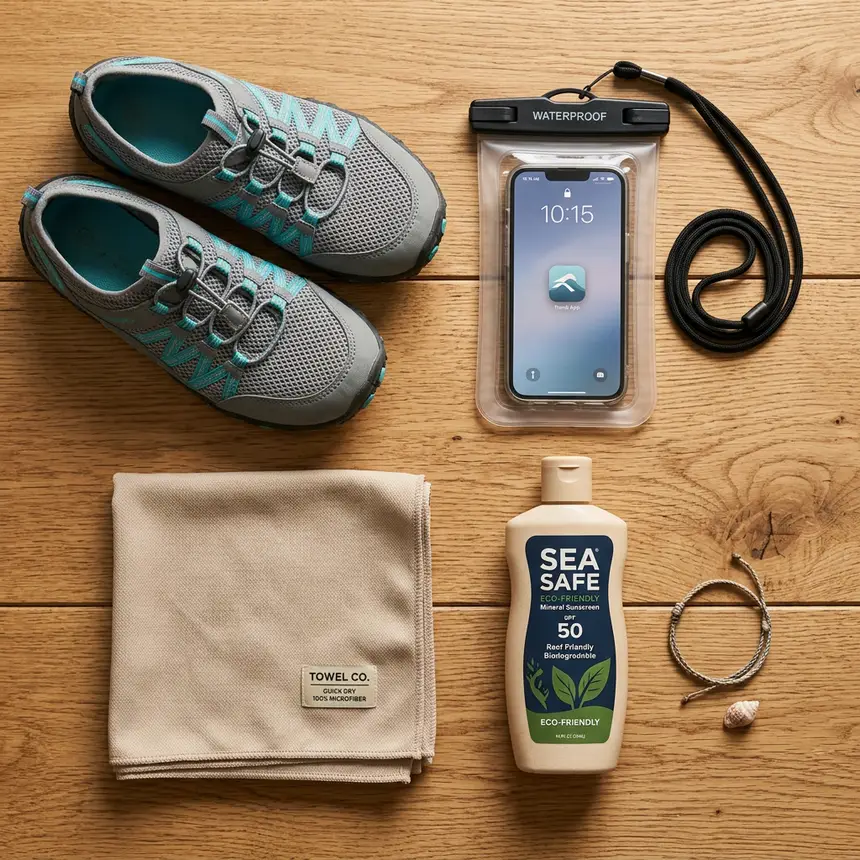 Travel essentials, aqua shoes